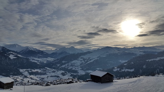 A view from above of Falera near Laax in Switzerland in winter.