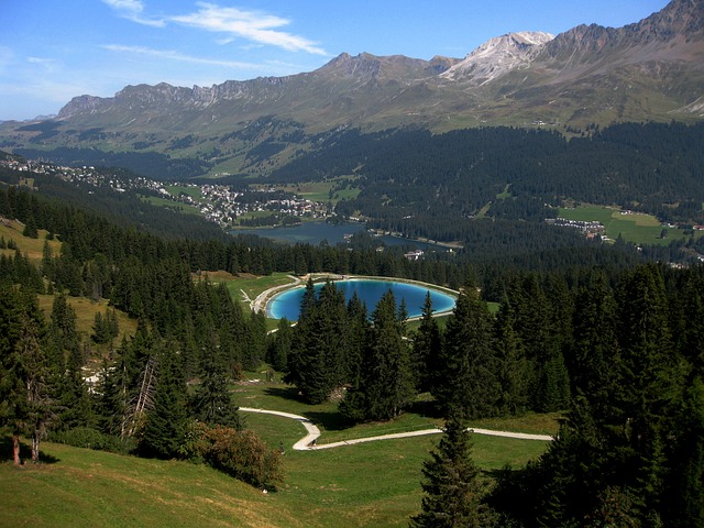 A view from above of Lenzerheide and Lake Heidsee in Switzerland in summer.