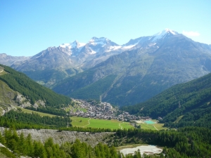 A view from above of Saas-Fee in Switzerland in summer.