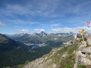 A view from Segantinihütte of St. Moritz, Lake St. Moritz and the Upper Engadine valley in Switzerland in summer.